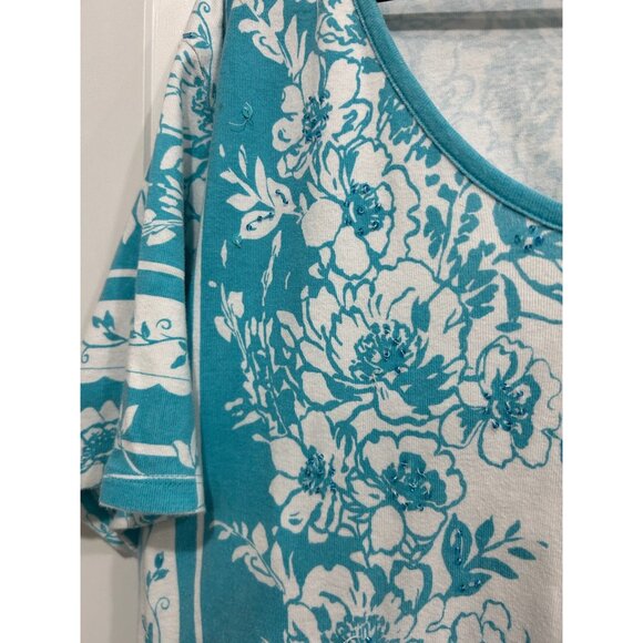 Pappagallo Floral V Neck Short Sleeve Top Cotton White Turquoise Sz 1X - Picture 4 of 9